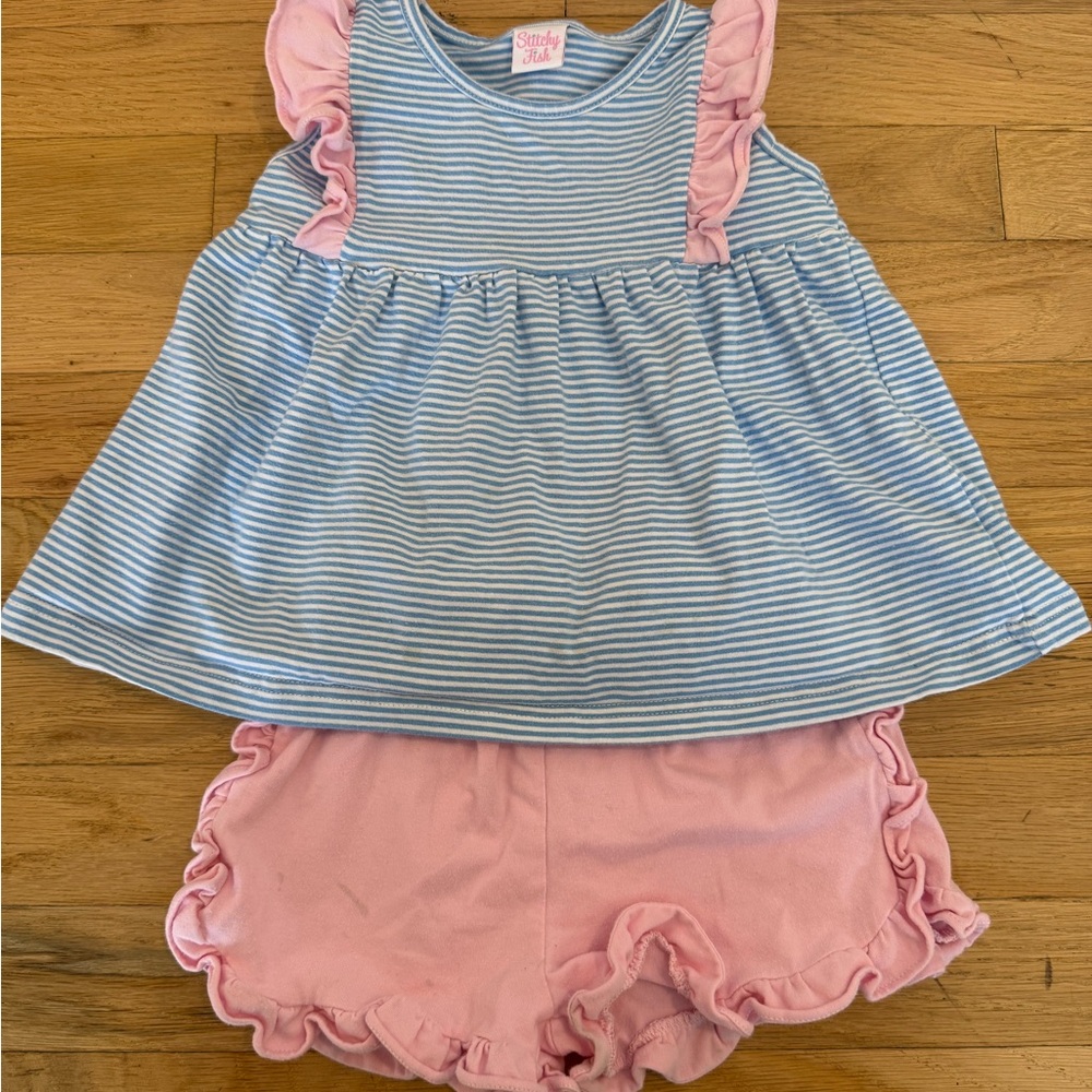 Striped Blue & Pink Ruffle Two-Piece Set by Stitched Bebe